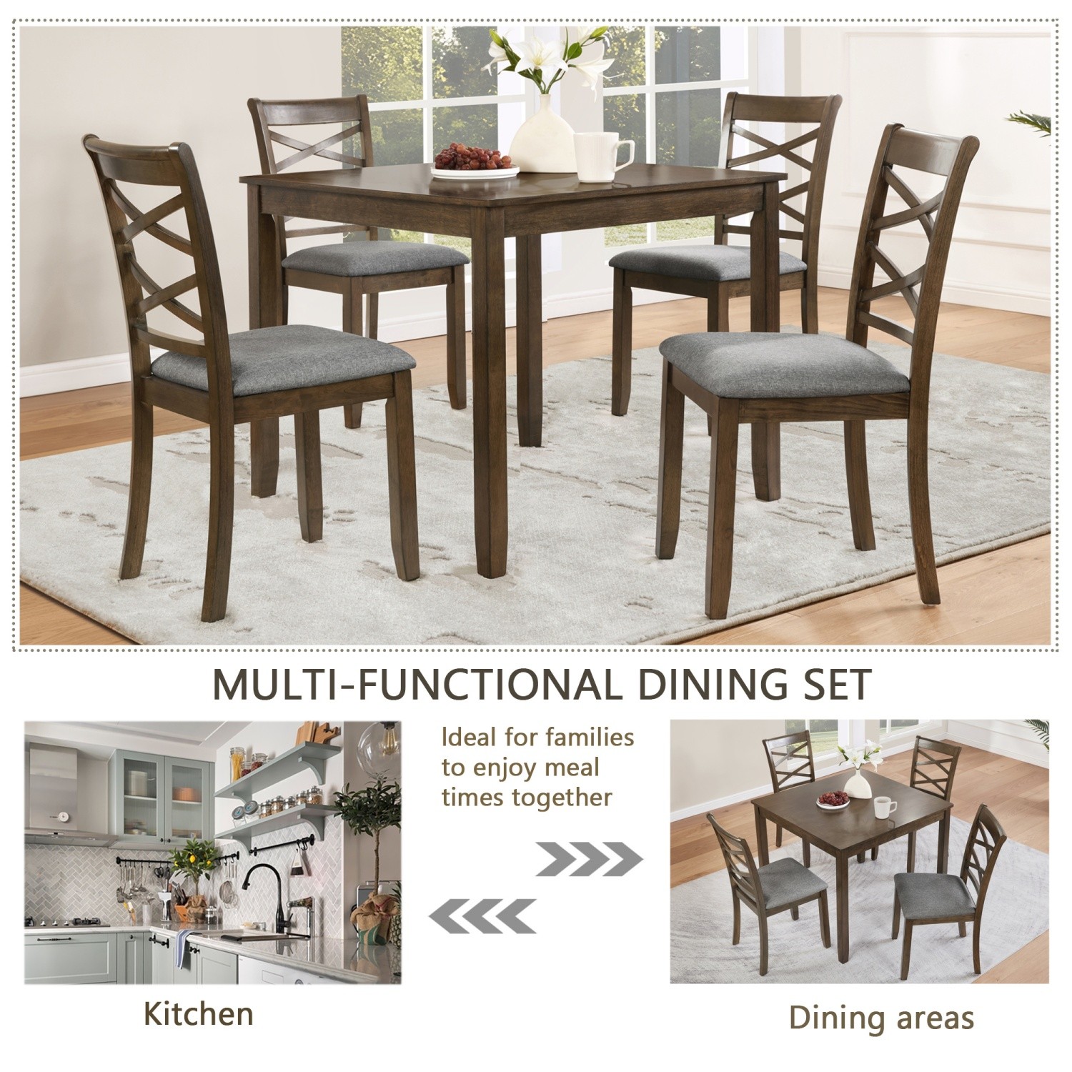 Modern 5 Piece Dining Table Set Wooden Square Dining Table & 4 Chairs Walnut