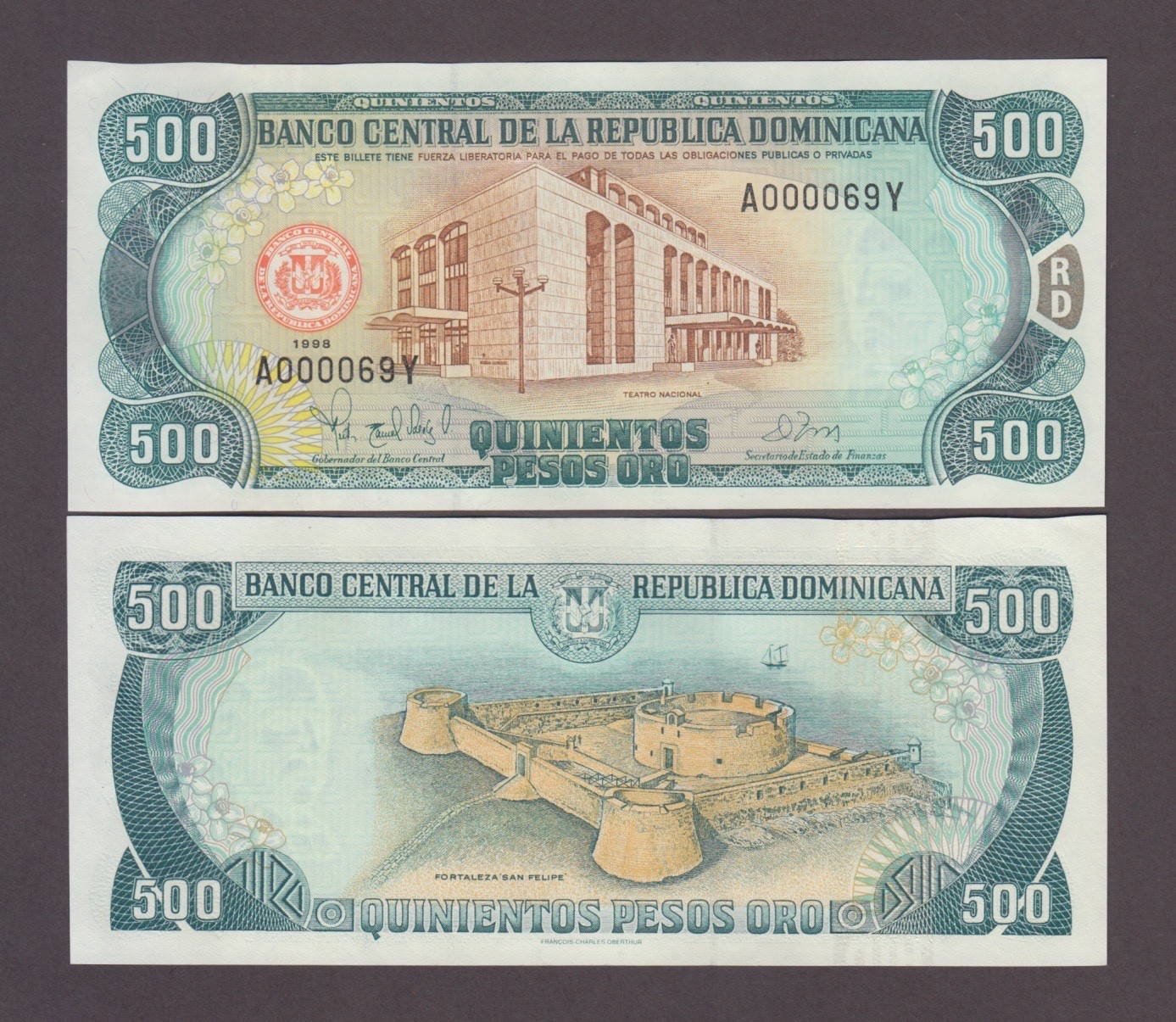 DOMINICAN REPUBLIC P.157cY  500 PESOS ORO 1998 A-Y CRISP UNC WE COMBINE 2603