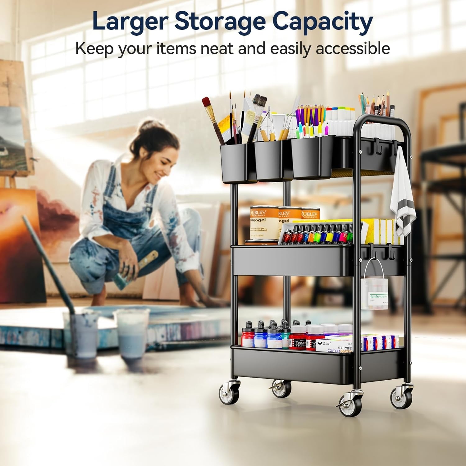 Durable 3 Tier Rolling Cart - Lightweight with High Load Capacity for All Spaces