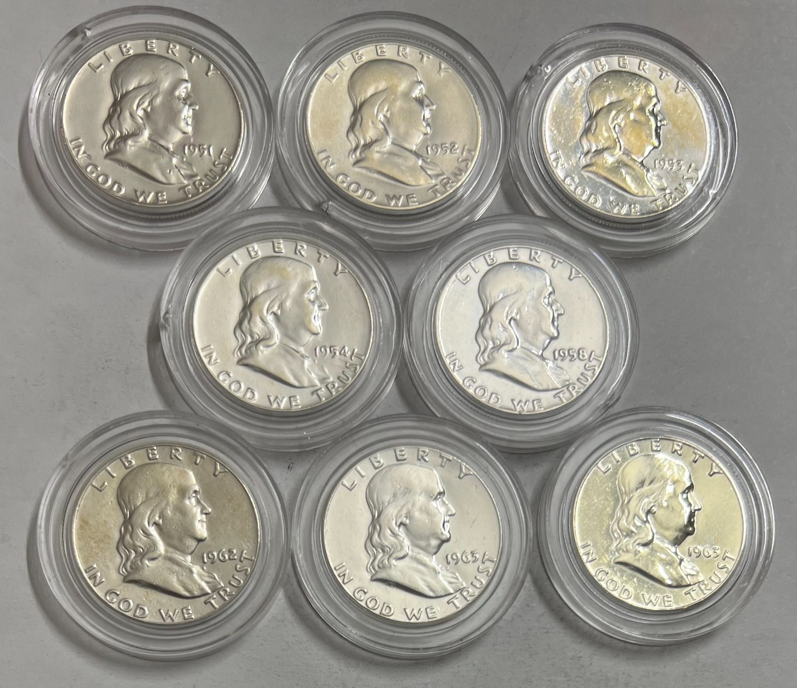 8 BEN FRANKLIN HALF DOLLARS SILVER COIN 51-P, 52-P, 53-D, 54P, 58-P, 62-D, 63-PD