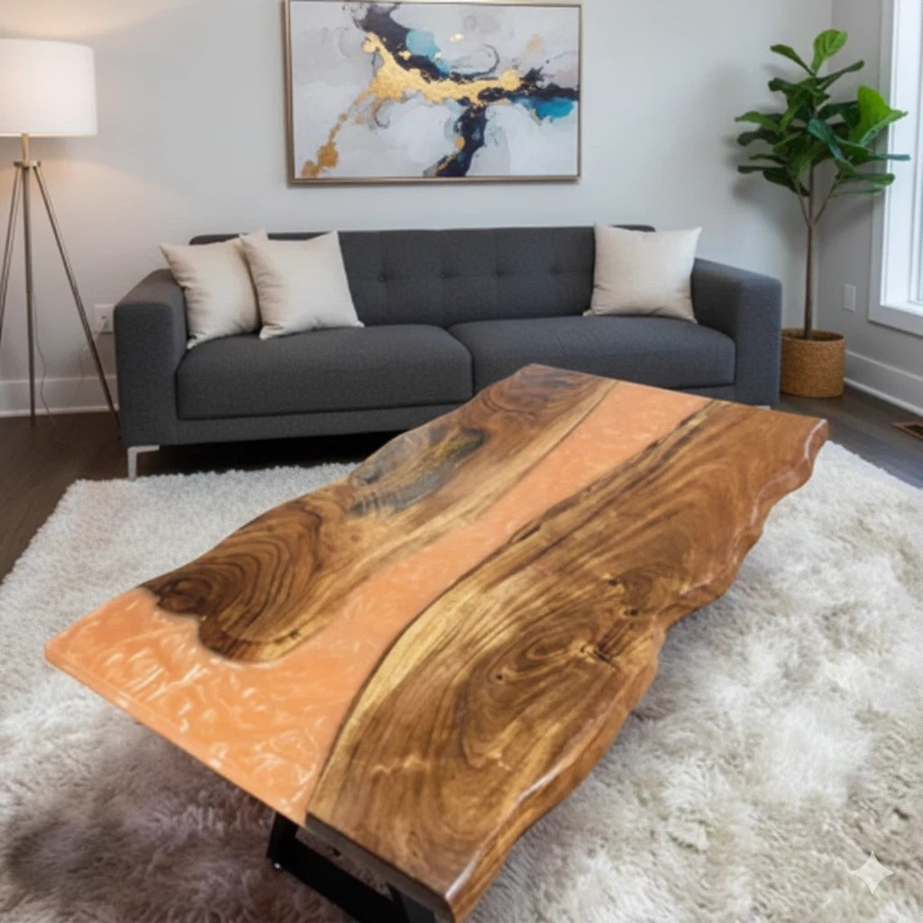 Modern Peach Epoxy Resin Coffee Table Live Edge Acacia Wood River Design
