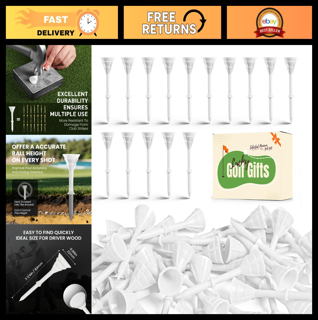 Unbreakable Golf Tees 3.25" - 50/100 Pack, Low Friction, Durable, Assorted Color