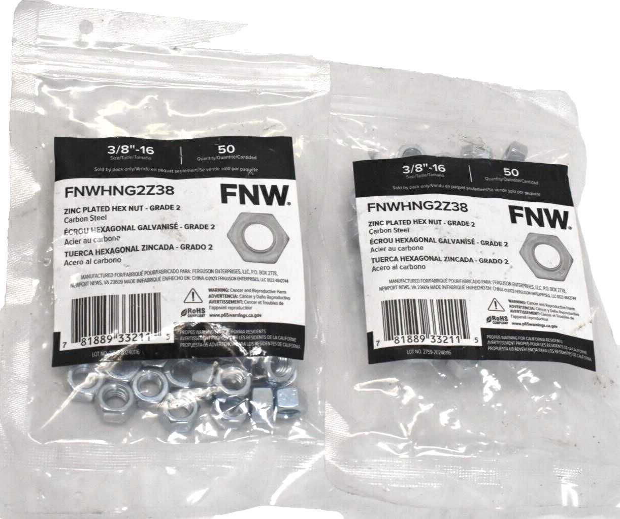 FNW Zinc Plated Hex Nut Grade 2 Carbon Steel 3/8"-16 FNWHNG2Z38 Lot of 100