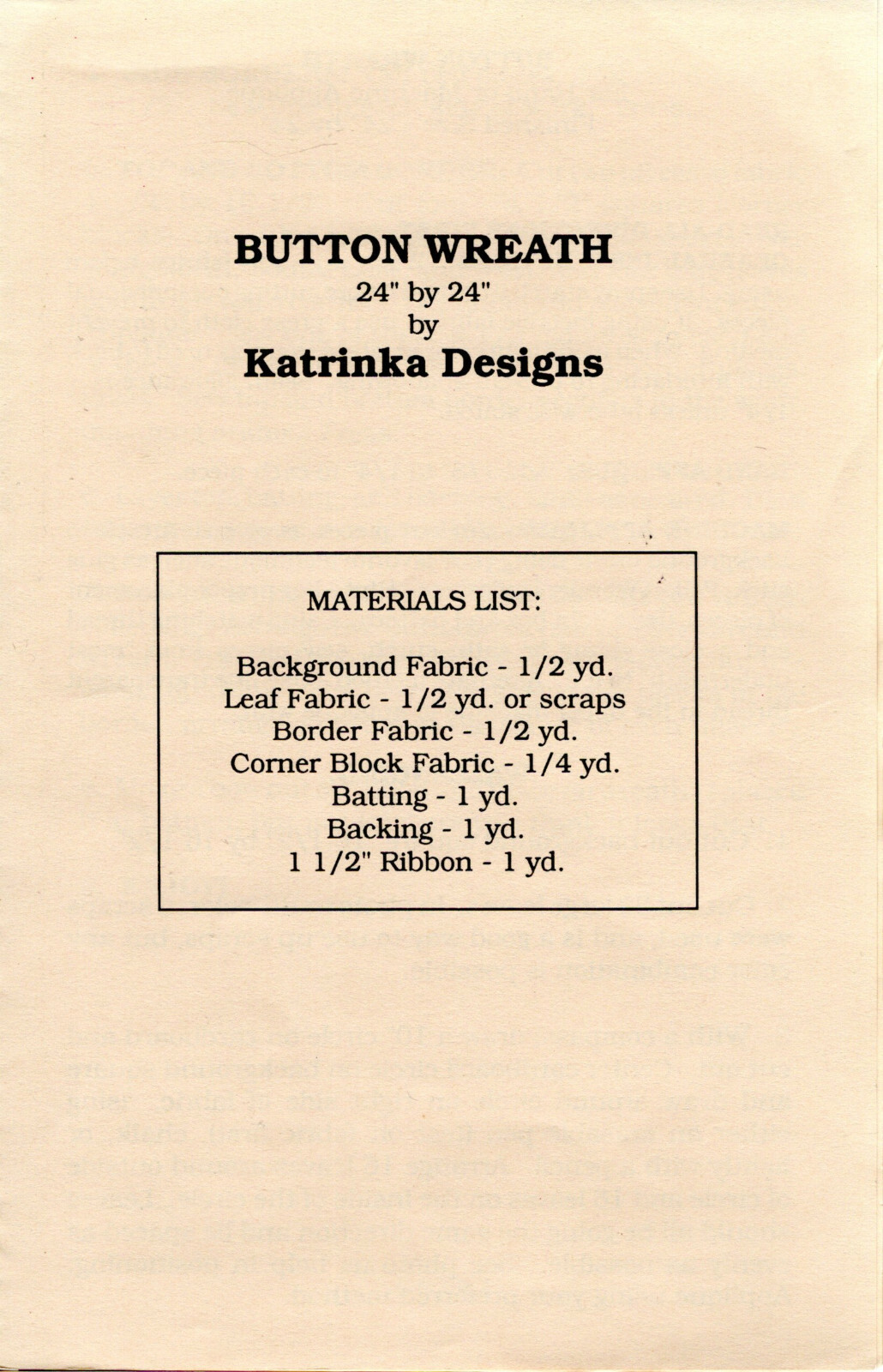 "Button Wreath" Katrinka Designs Quilting Sewing Applique Pattern 24"x24"