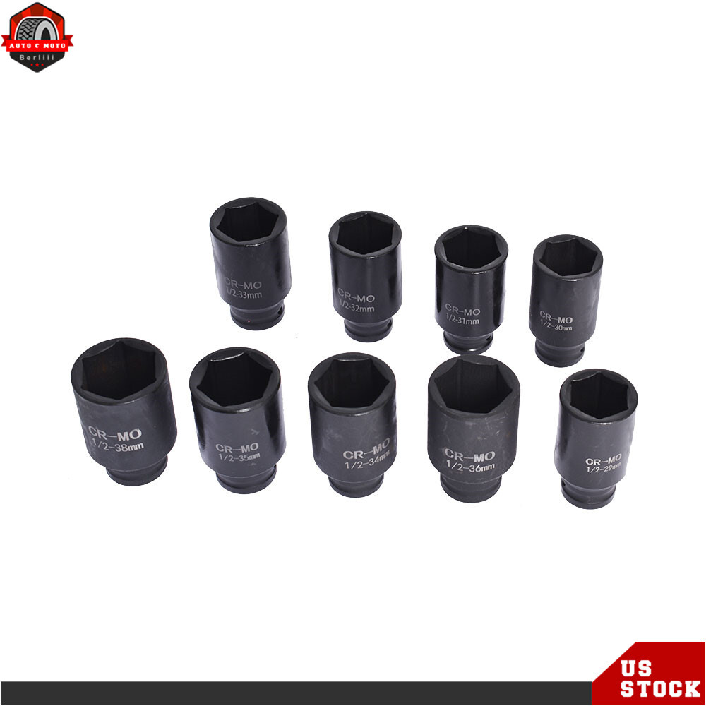 9pc Deep Impact Socket Set 1/2" Drive Metric Axle Hub Nut Sockets 29-38mm w/Case