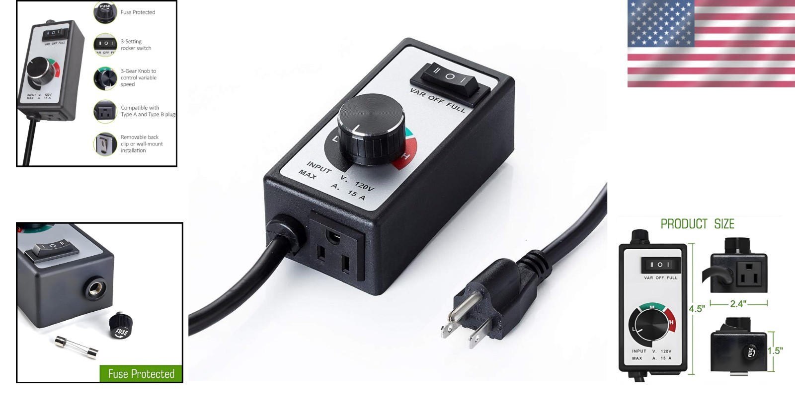 Adjustable 15A Fan Speed Controller with 6' Power Cord - Safe & Efficient