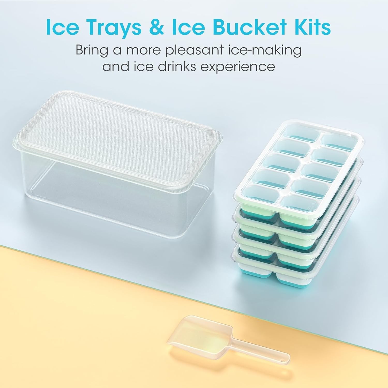 DOQAUS Ice Cube Tray with Lid and Bin - 4 Pack Silicone Ice Cube Trays for Freez