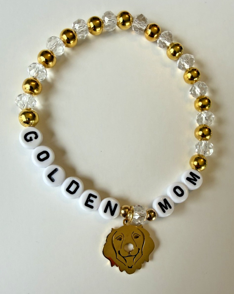 "Golden Mom" Handmade Beaded Bracelet w/ Charm-Golden Retriever Dog Lover Gift