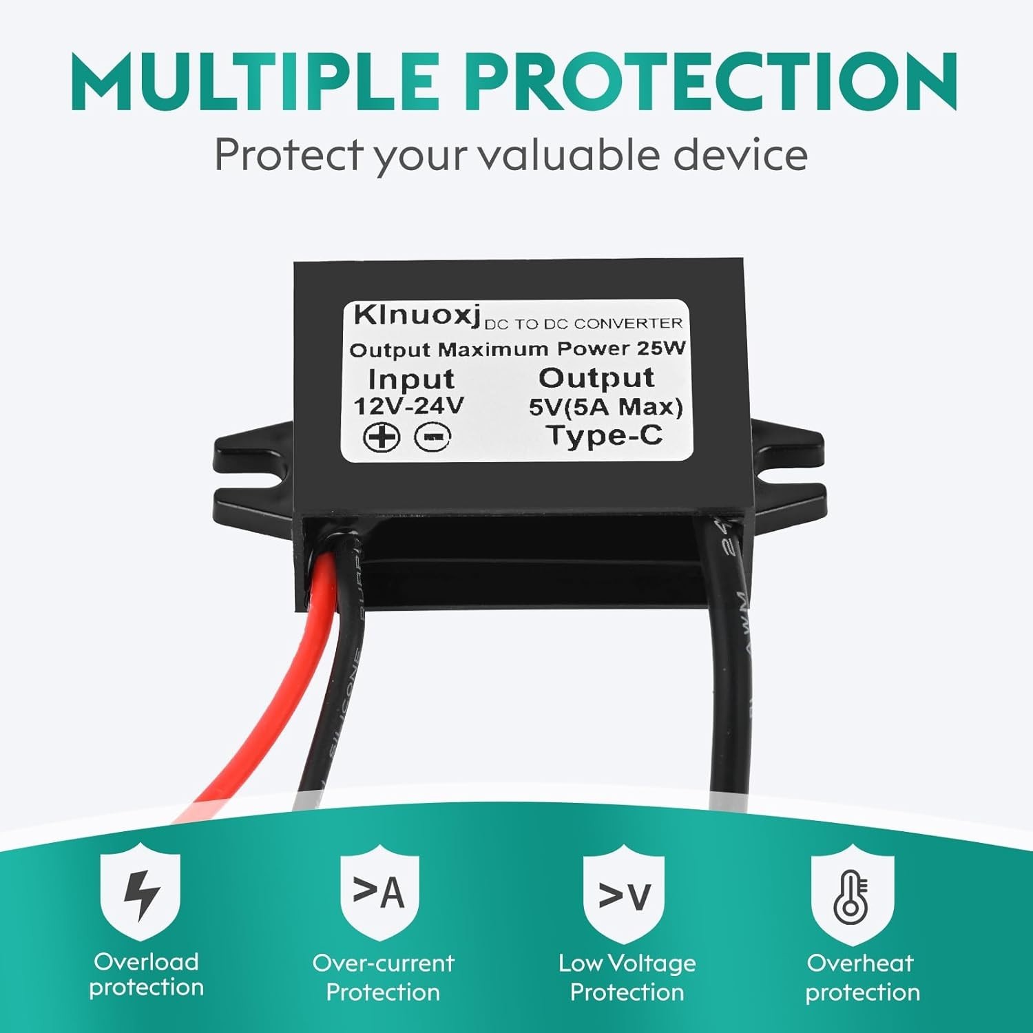 "DC 12V/24V to 5V USB C Step Down Converter Type-C Interface 5A 25W Waterproof.