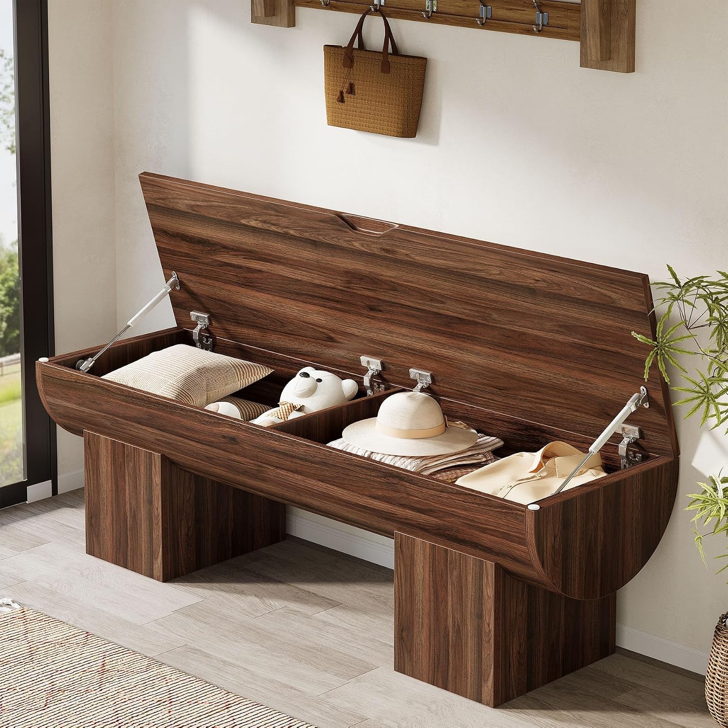 55" Entryway Bench with Flip-Top Storage, Modern Shoe Bench with 2 Safety Hinges