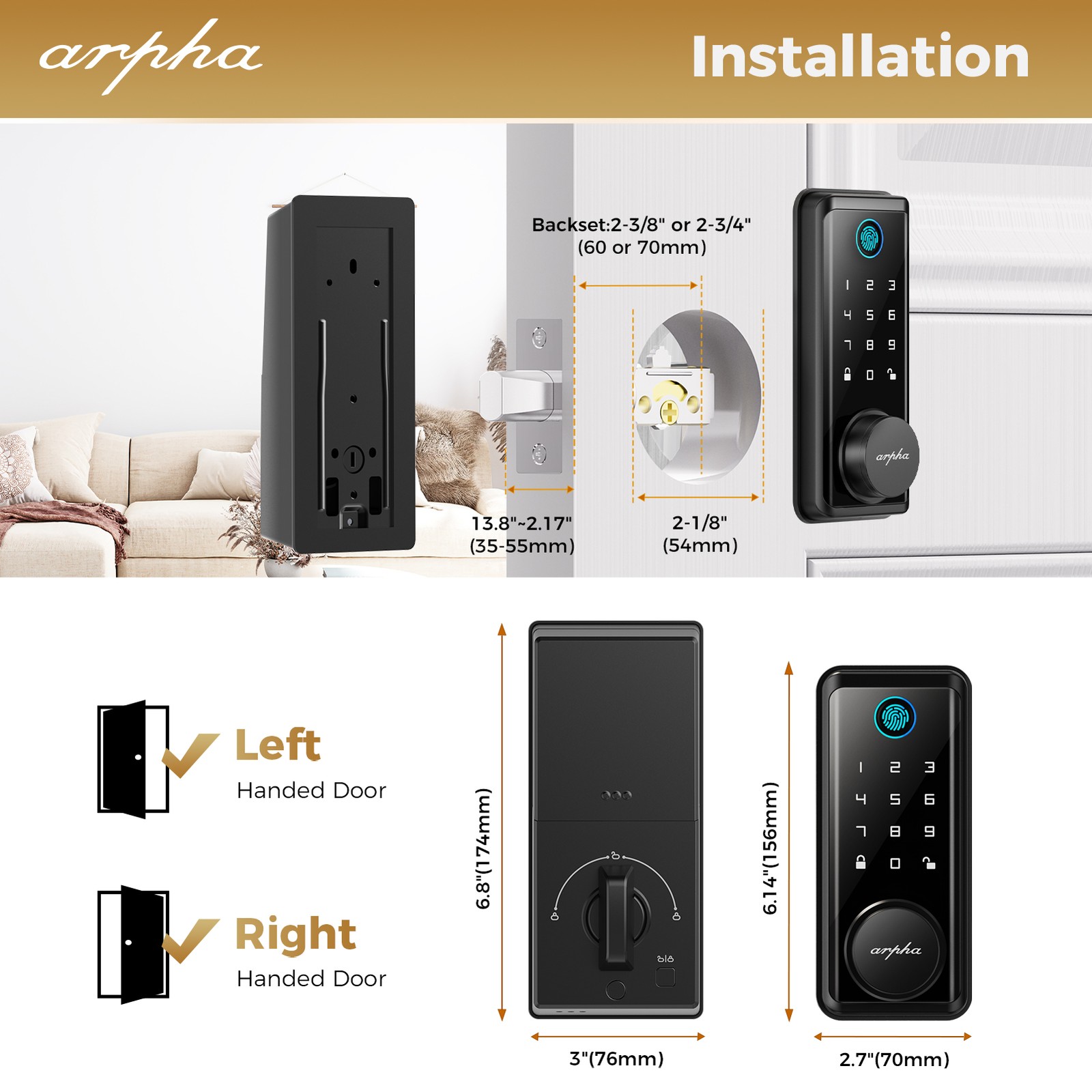ARPHA Security Keyless Smart Door Lock 100Code Fingerprint Keyless Bluetooth APP