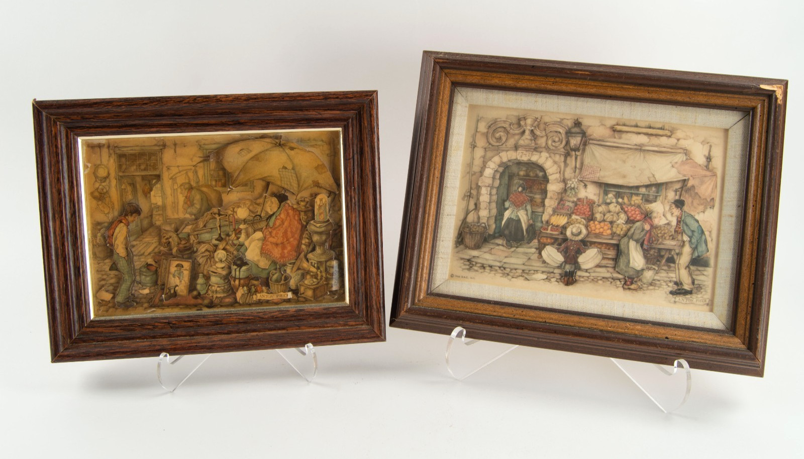 2x Anton Pieck Hand Cut Paper Art 3D Shadow Boxes Diorama Fruit Stand & Merchant