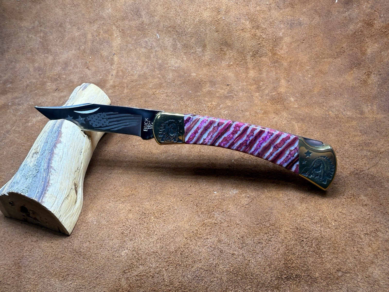 Buck 110 Yellowhorse Custom Handmade Pink Handle Folding Pocketknife