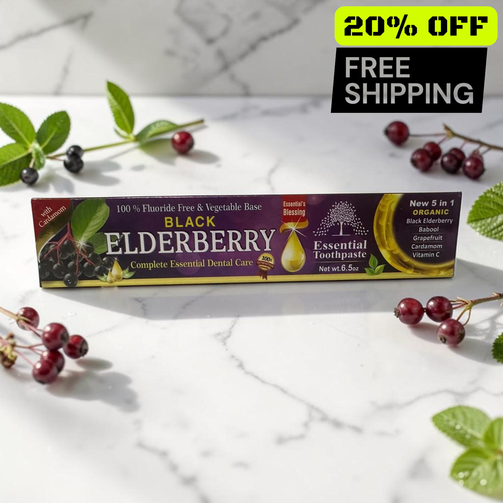 6 Pack Essential Black Elderberry Fluoride-Free Toothpaste 6.5 oz Cardamom