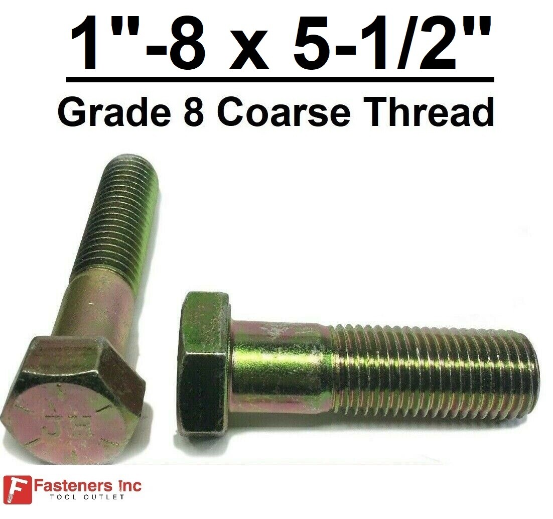 1"-8 x 5-1/2" Hex Bolt Yellow Zinc Plated Grade 8 Cap Screw Coarse Thread