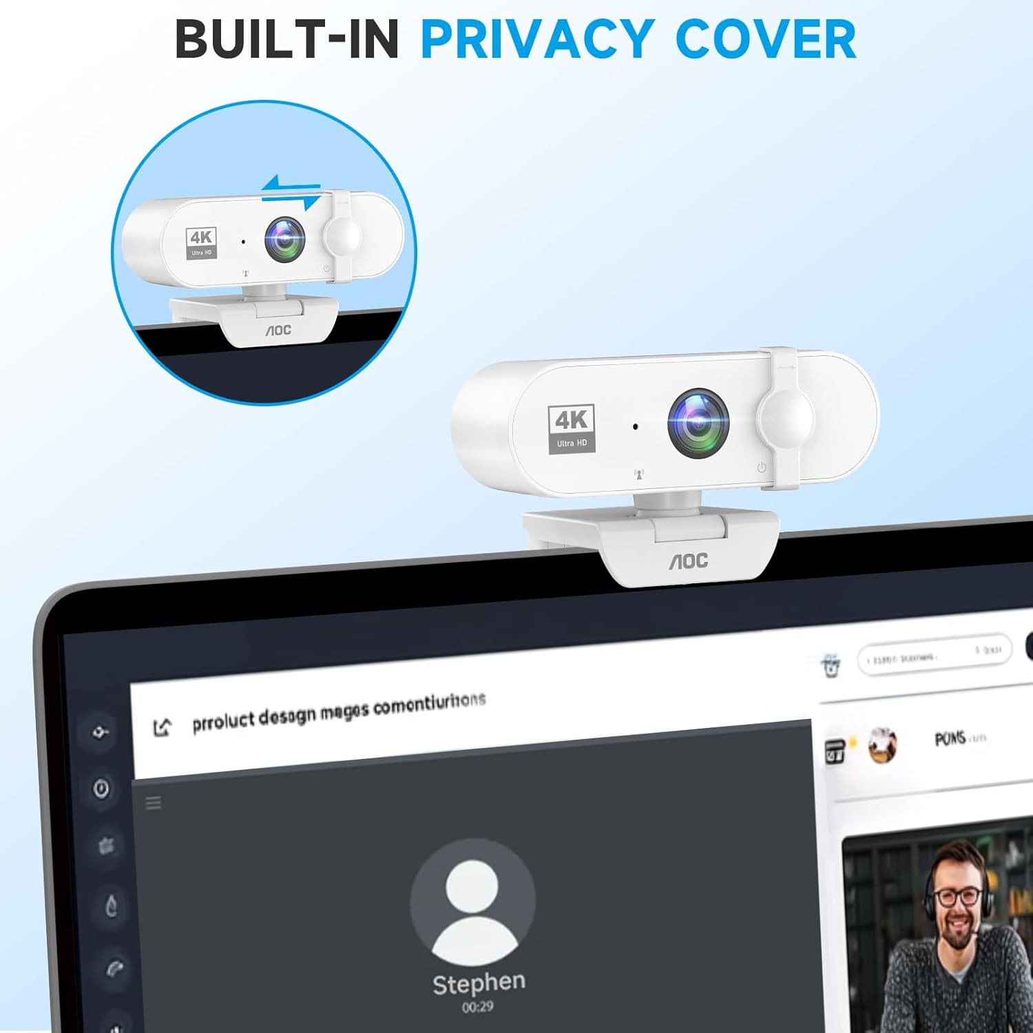 White 4K Webcam for PC with Microphone, Computer Camera with Noise