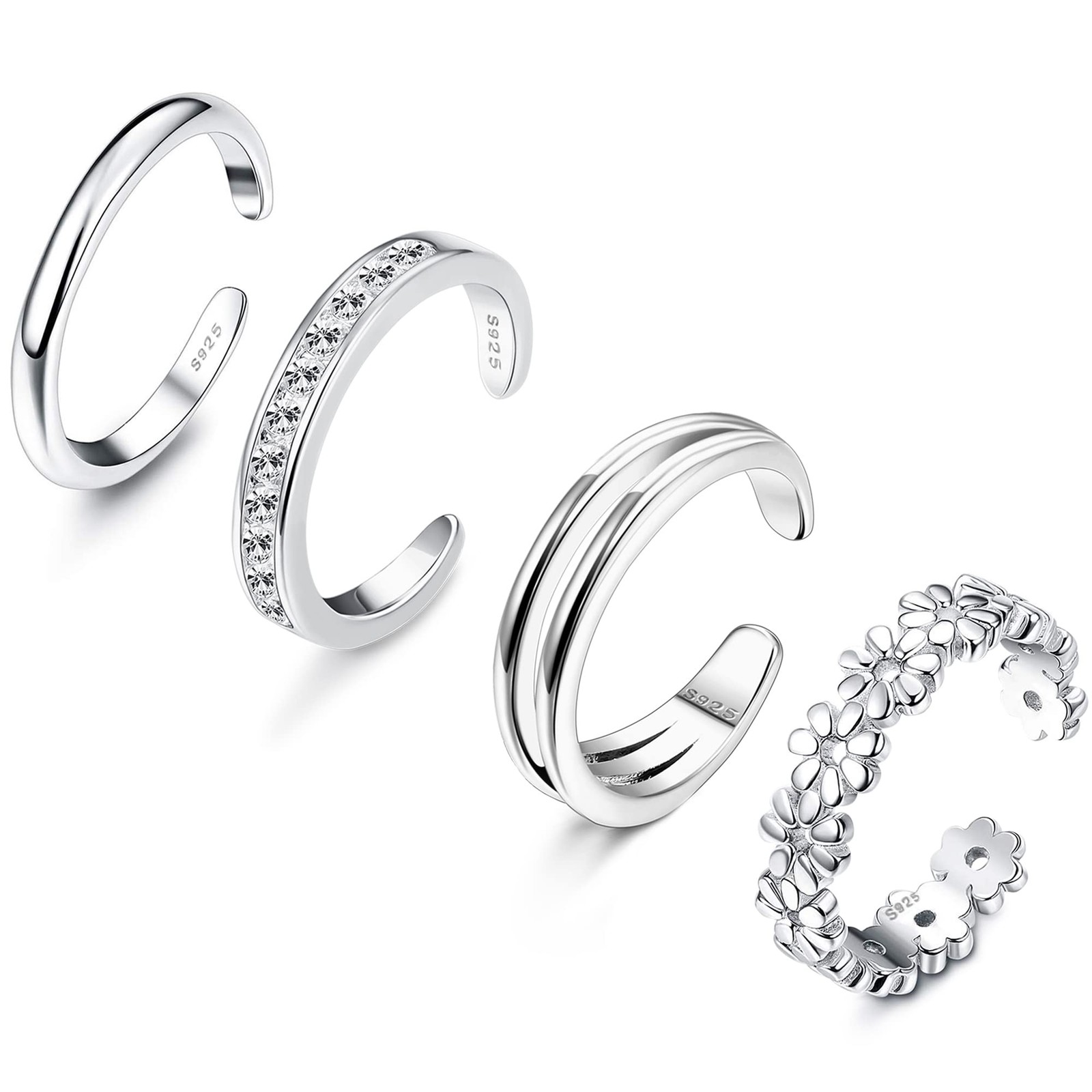 ADRAMATA 4 Pcs 925 Sterling Silver Toe Rings for Women Open Adjustable Band R...