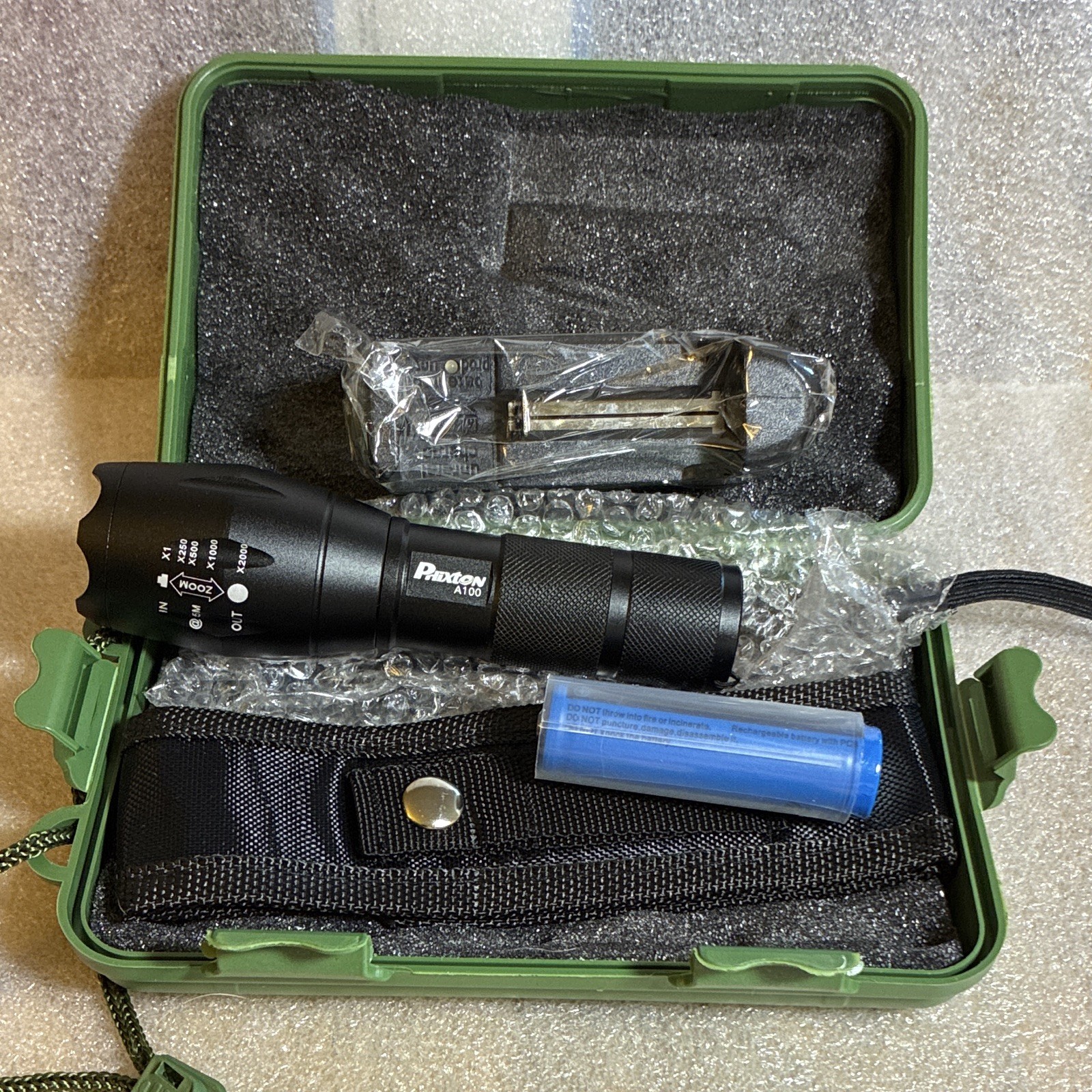 Paxton A100 LED Flashlight 3.7V Battery Cordless Metal Black w/ Holster