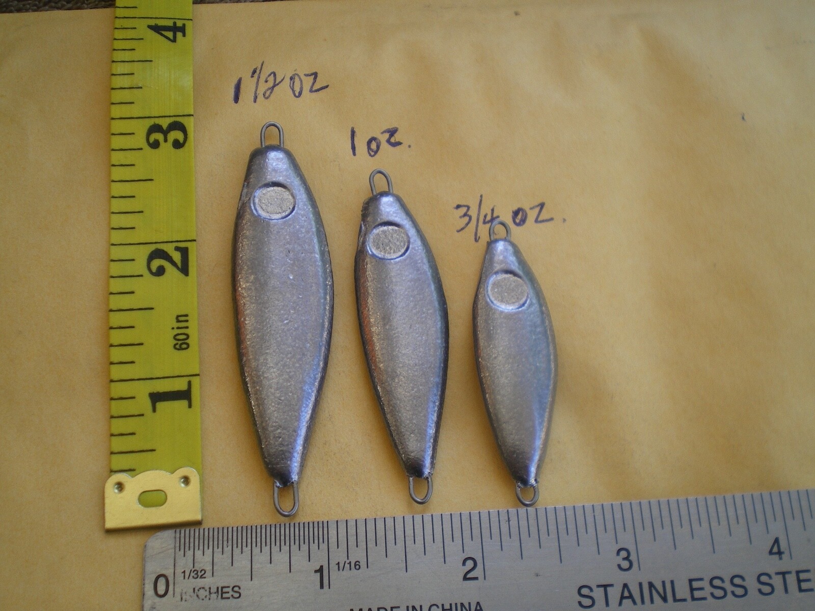 6 PCS SHAD LEAD SPOON FISHING JIGS, 1-1/2,1,3/4 OZ. W/STAINLESS S. WIRE EYE/2 EA