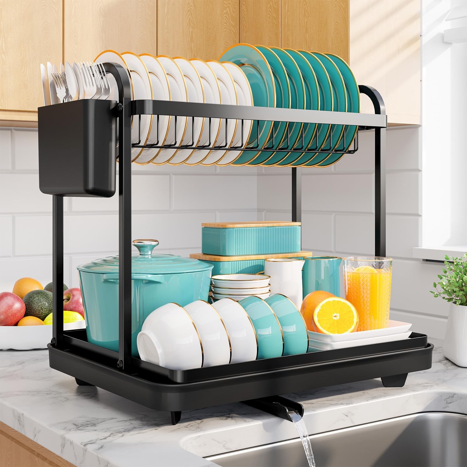 Sakugi 2-Tier Dish Drying Rack - Stainless Steel Dish Rack with Cutlery & Ute...