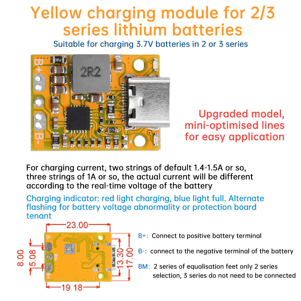 2S 3S Li-ion Battery Charging Module Type-C QC Fast Charging w/ Indicator Light