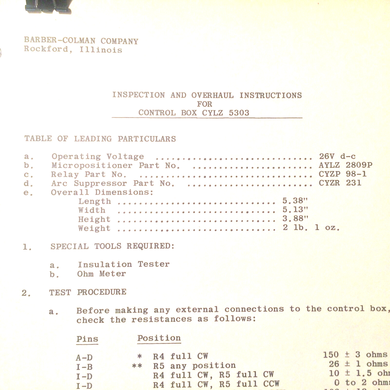 Barber Coleman CYLZ 5303 Inspection & Overhaul Instructions