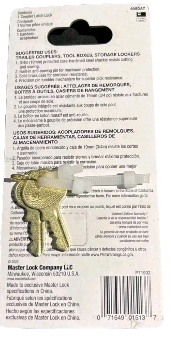 Master Lock Solid Brass Coupler Latch Trailer Lock, With 3/4in. Shackle, Model#