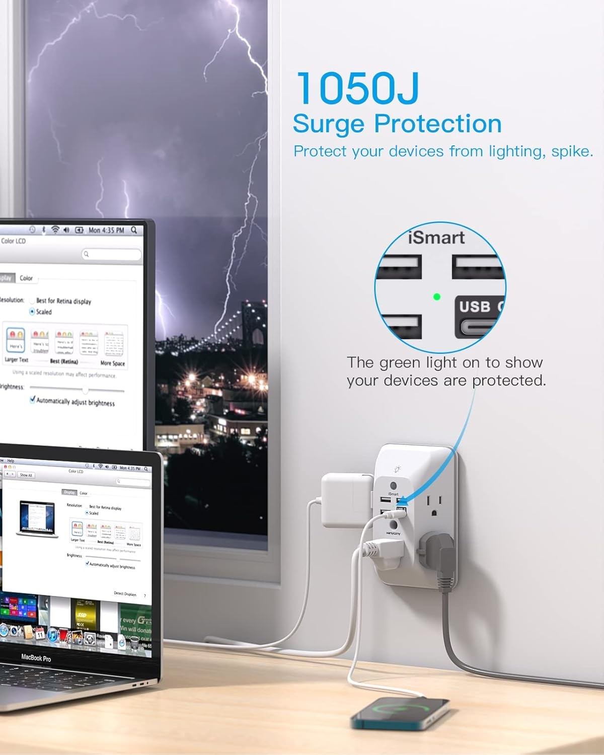 Outlet Extender with Night Light, HANYCONY Multi Plug Outlet, 1 USB C, White