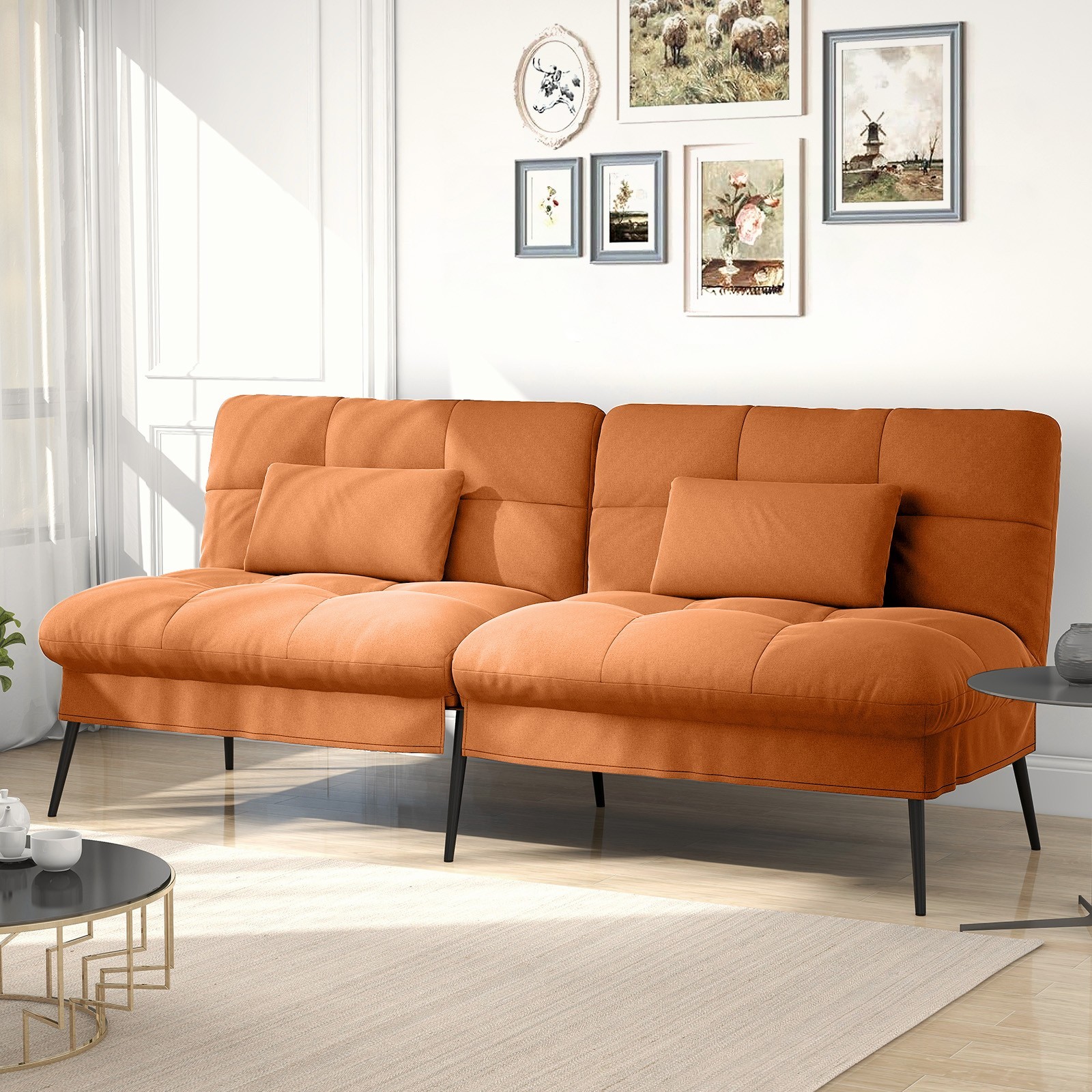 COMHOMA Convertible Futon Sofa Bed 5Gear Backrest Steel Legs Space-Saving, Brown