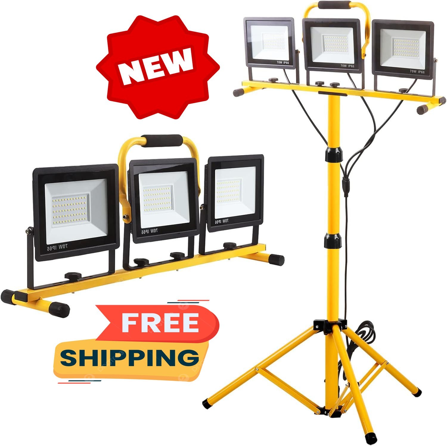 Foco de trabajo de 22000 lúmenes con soporte, foco LED portátil de 3 cabezales,