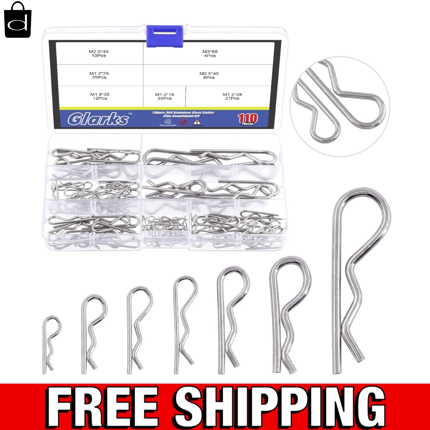 110Pcs 304 Stainless Steel Hairpin R Clips Kit 7 Size R Cotter Pins Assortment f