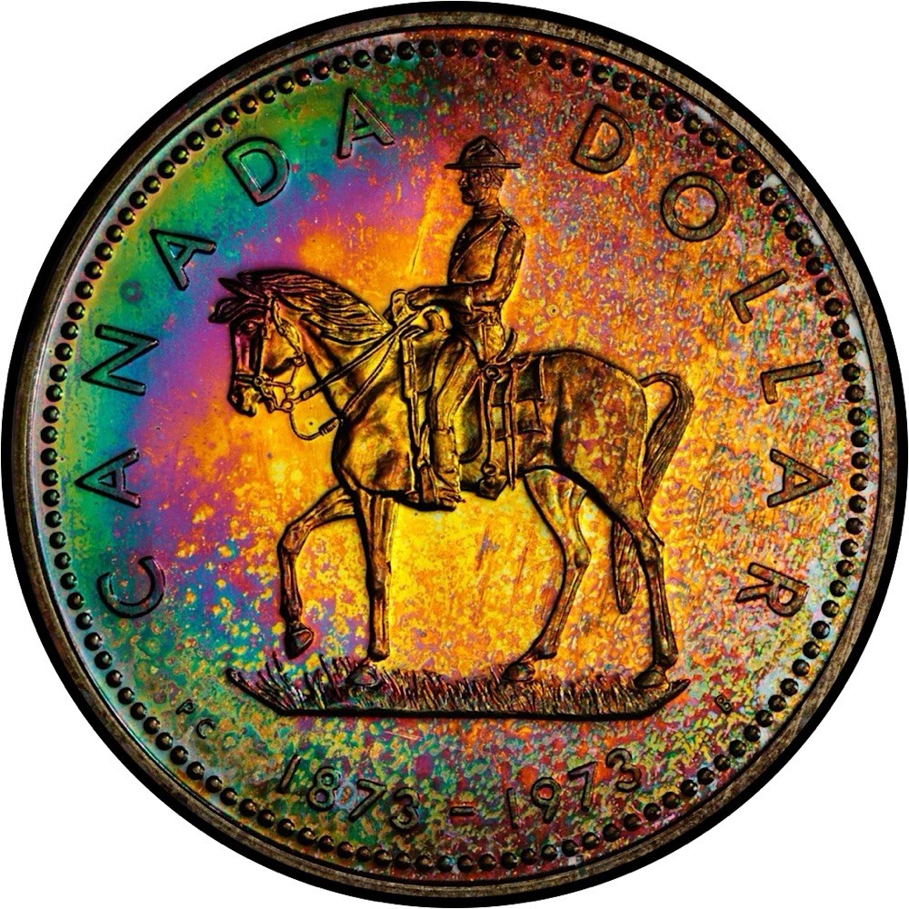 MONSTER RAINBOW TONED - 1973 Canada Silver Dollar RCMP Centennial┃PCGS SP67