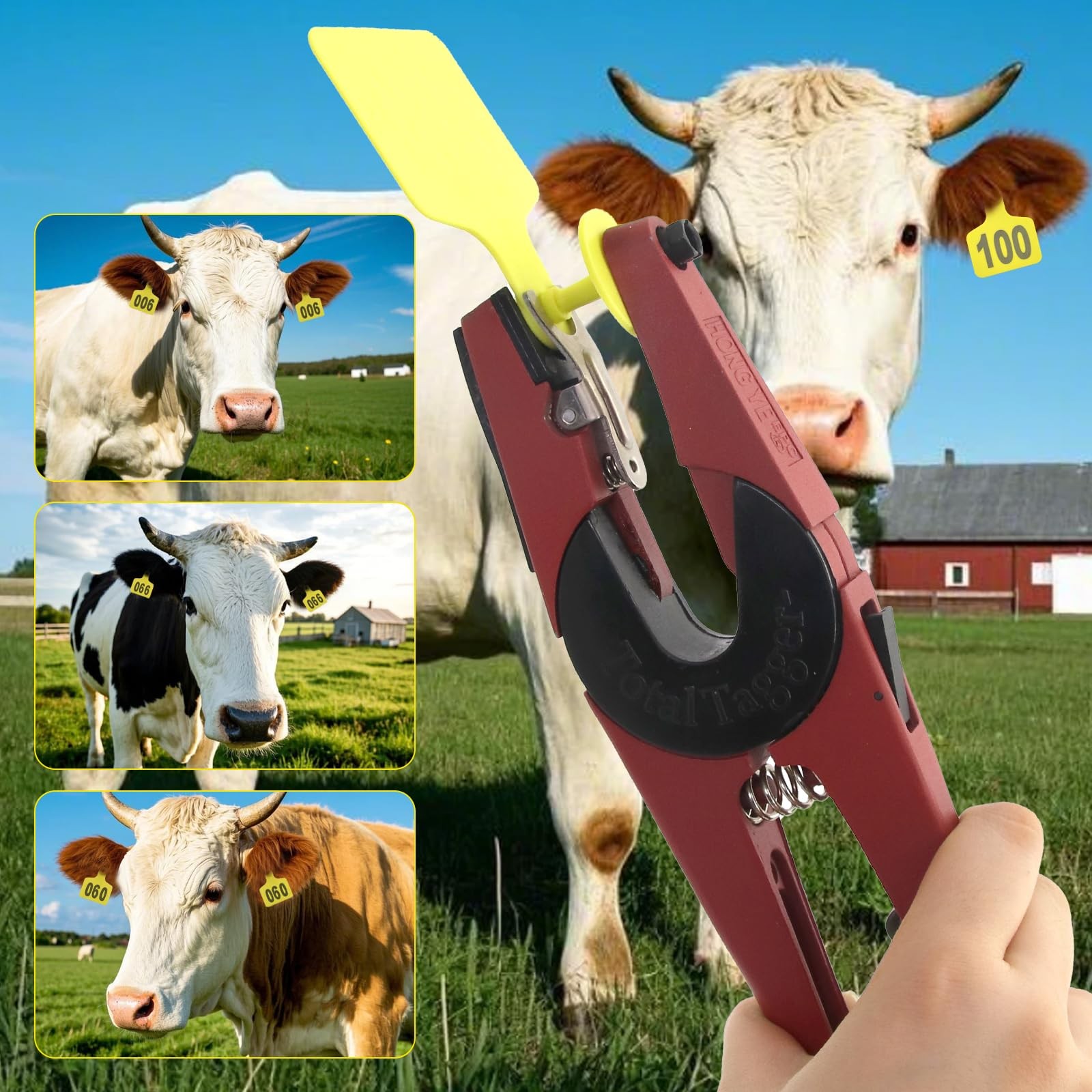 100 Yellow Numbered Cattle Ear Tags 001-100 with Applicator Kit for Cows