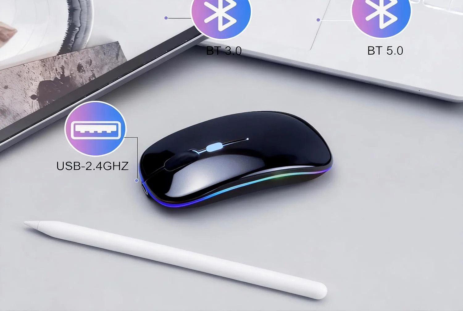 Wireless Bluetooth Mouse Rechargeable Long Lasting Dual Mode - BT 5.2 & 2.4G Sil