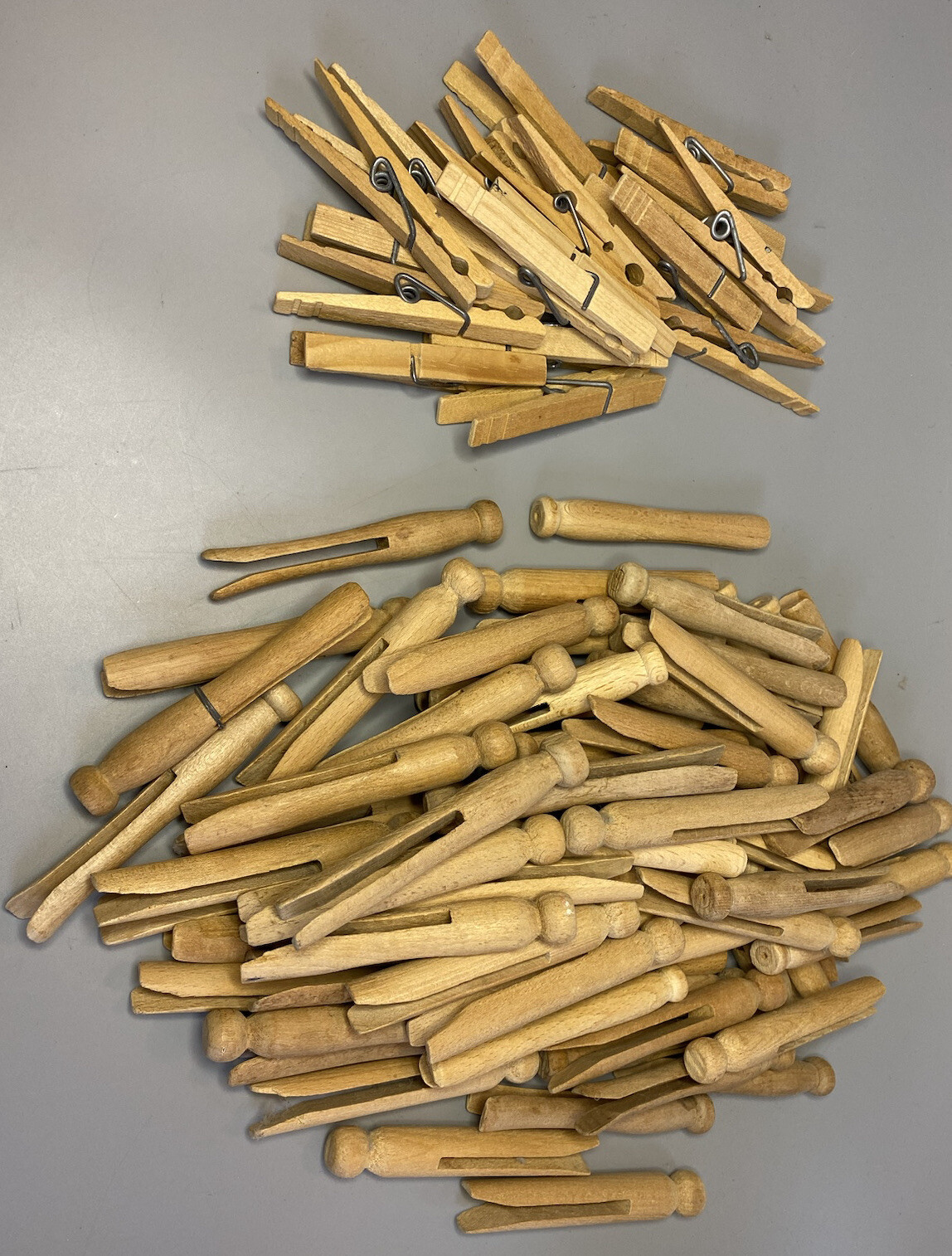 Vintage Weathered Wooden Laundry Clothes Doll Pins - 19 Spring/Clip & 74 Round