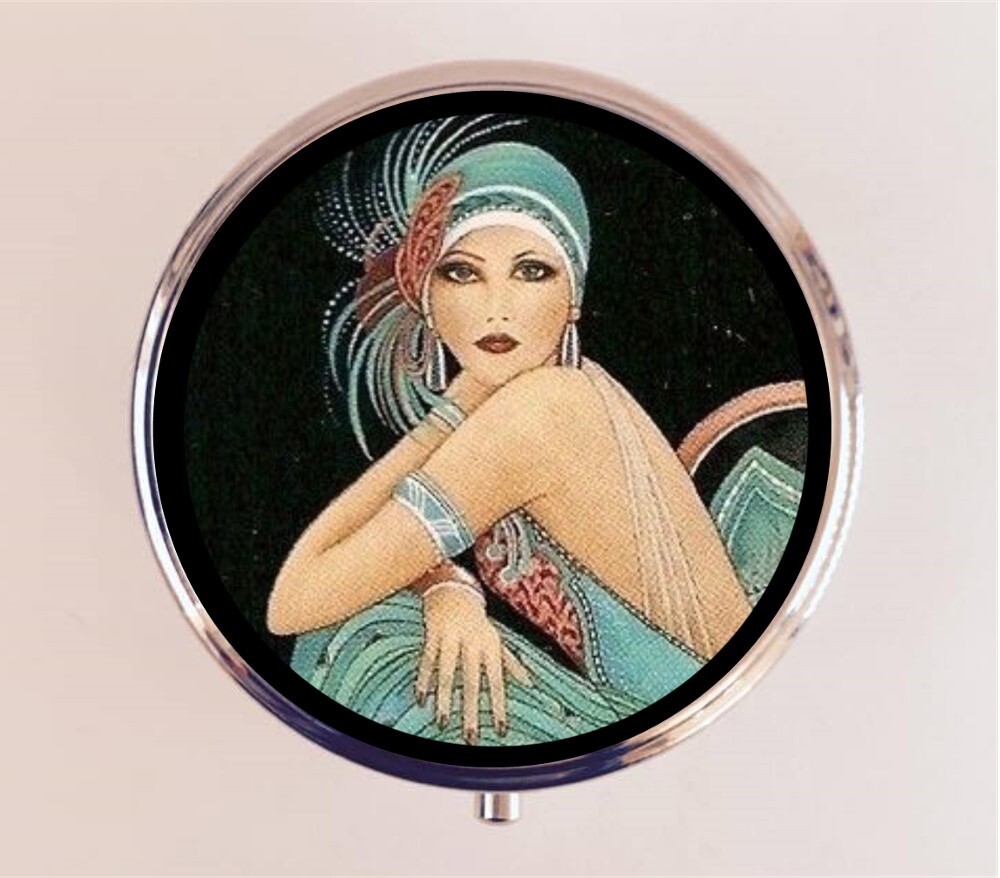 Flapper Pill Box Case Pillbox Holder Trinket Travel Art Deco Follies Showgirl