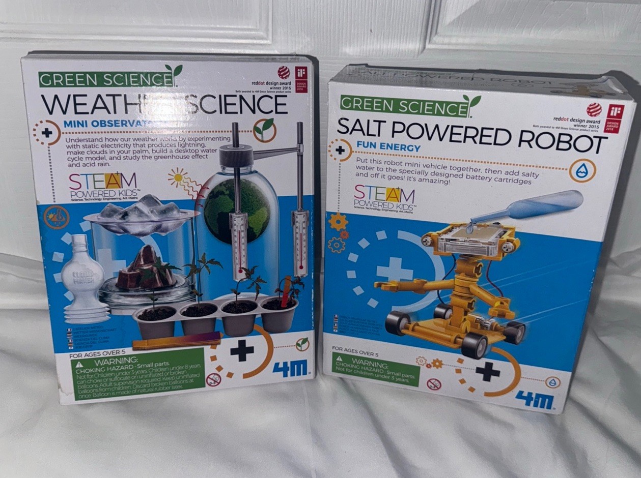(2) Green Science kits- weather  observatory & salt powered robot age 5+ Steam