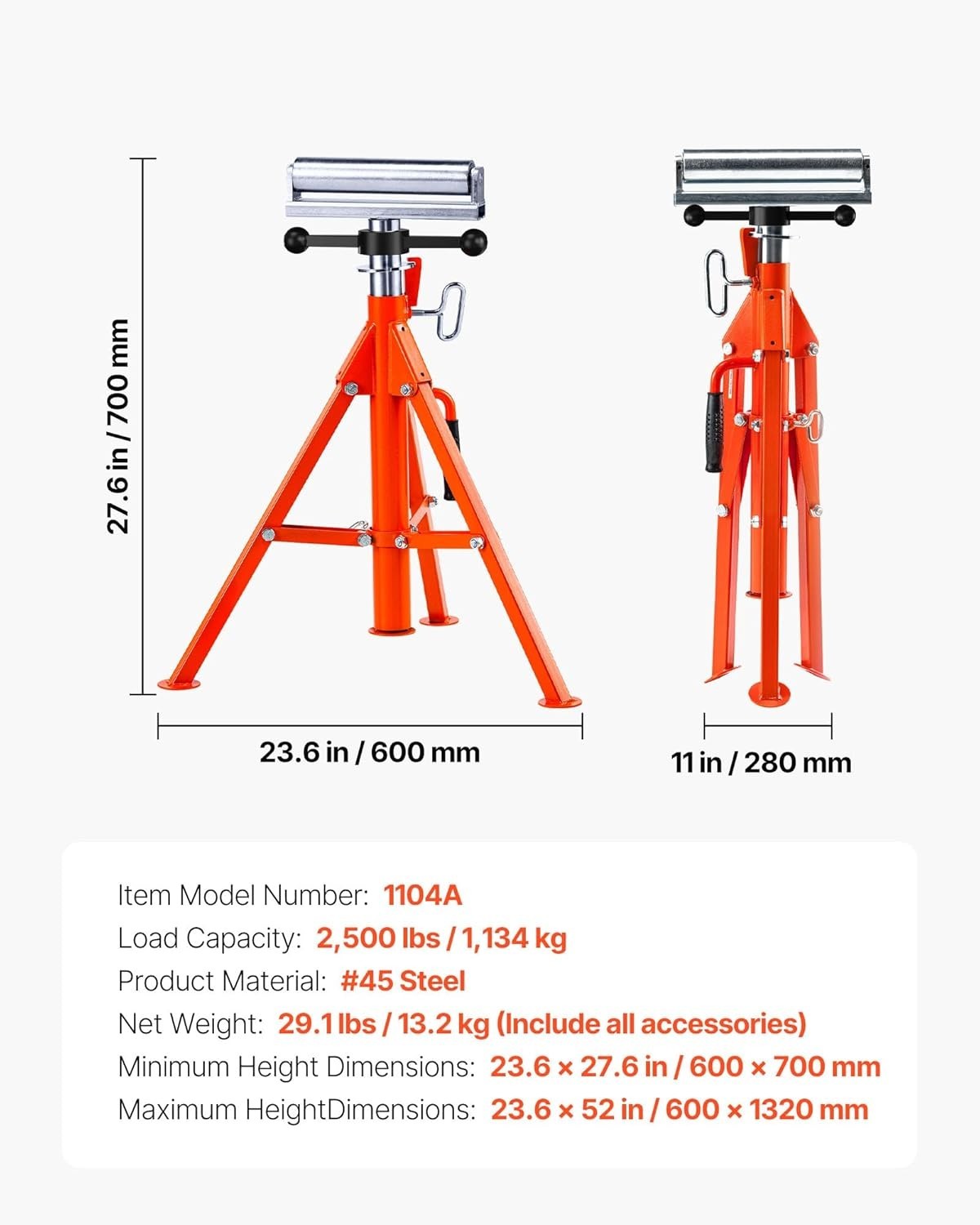 Versatile Heavy Duty Roller Stand - 2500 LBS Load Capacity, 28"-52" Adjustable