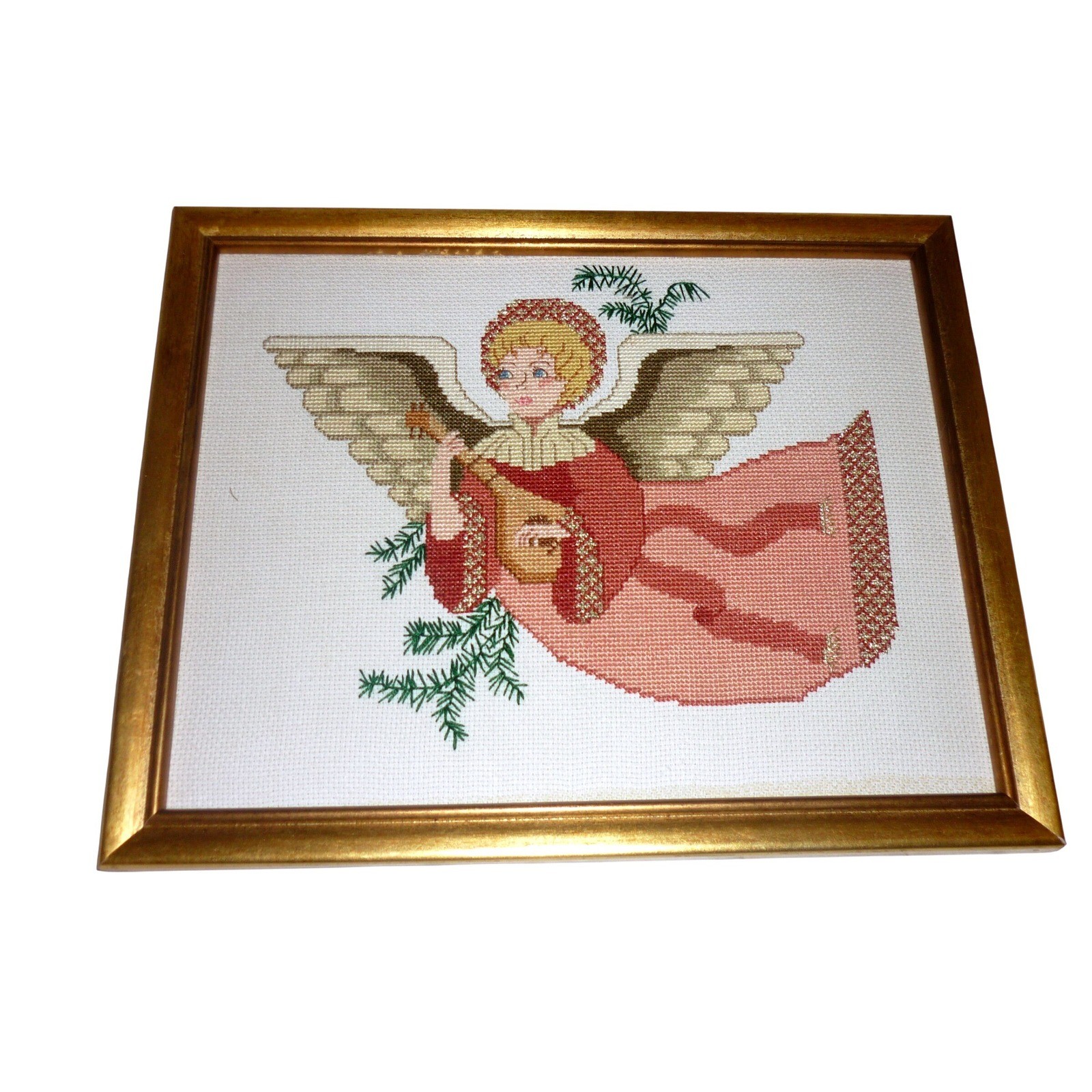 Vintage Framed Angel with Lute Cross Stitch Needlepoint Gold Wood Frame 9x7"