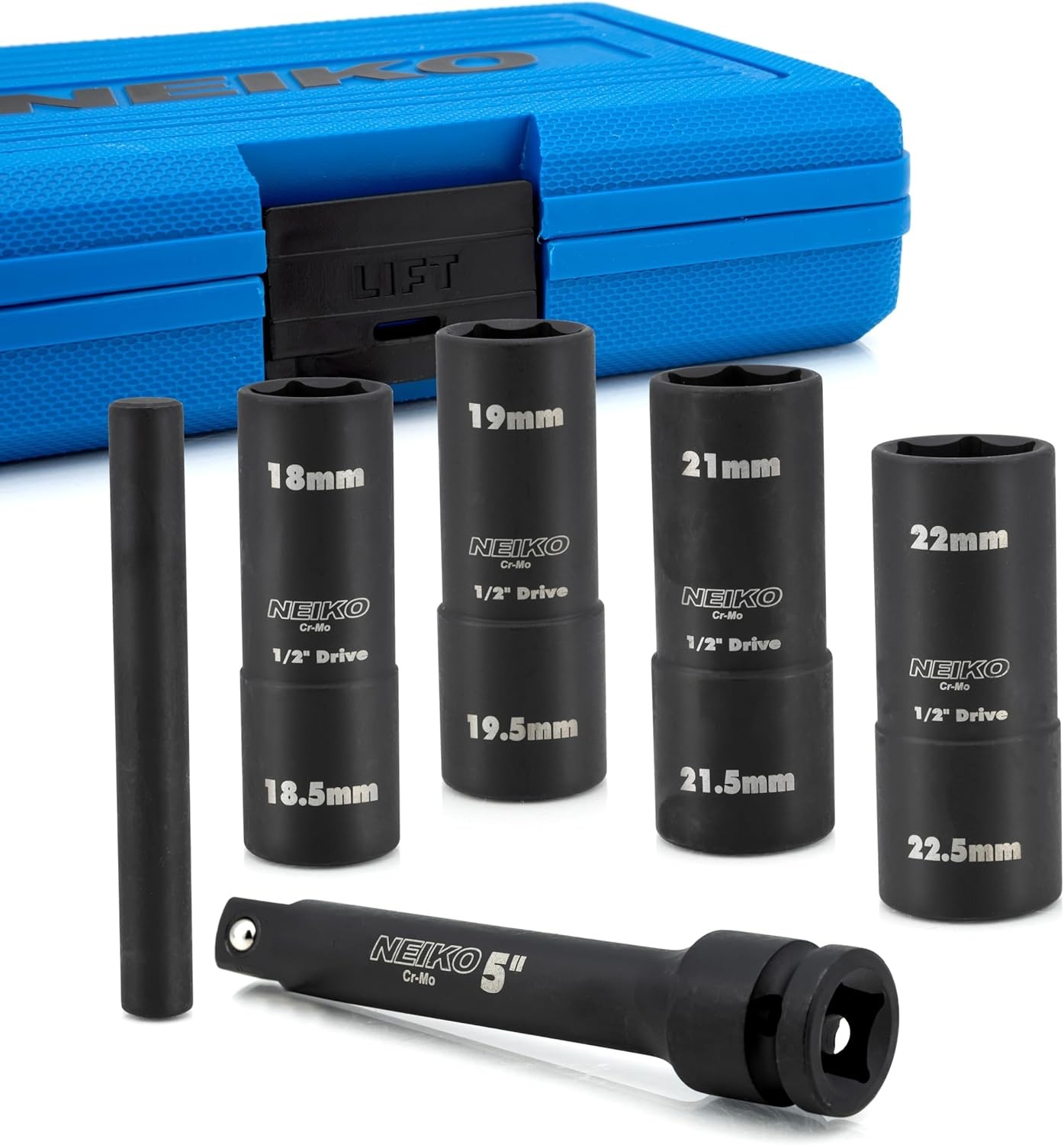 8 PCS Lug Nut Socket Set 1/2" Impact Thin Wall 18.5-22.5mm 6 Point Extension Bar