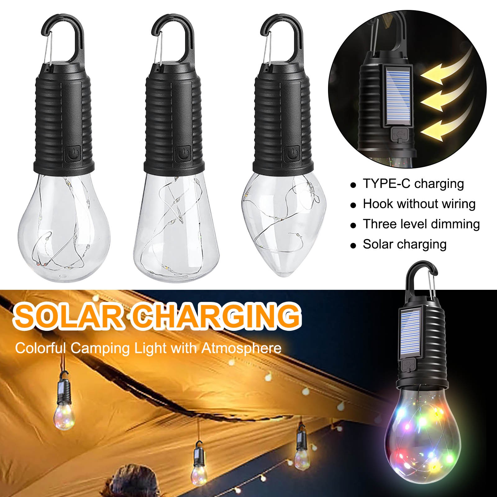 Solar Tent Lights USB Rechargeable Camping Lantern Outdoor Hanging Light Bulbs
