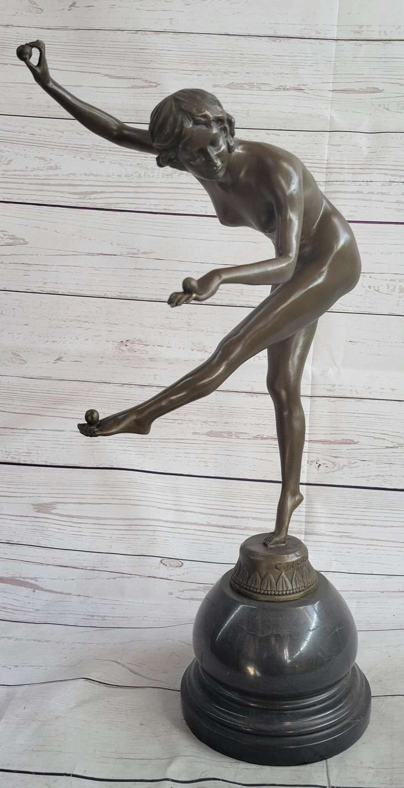 Circus performers Nude Woman Juggler by C.J.R Colinet Bronze Sculpture Figurine
