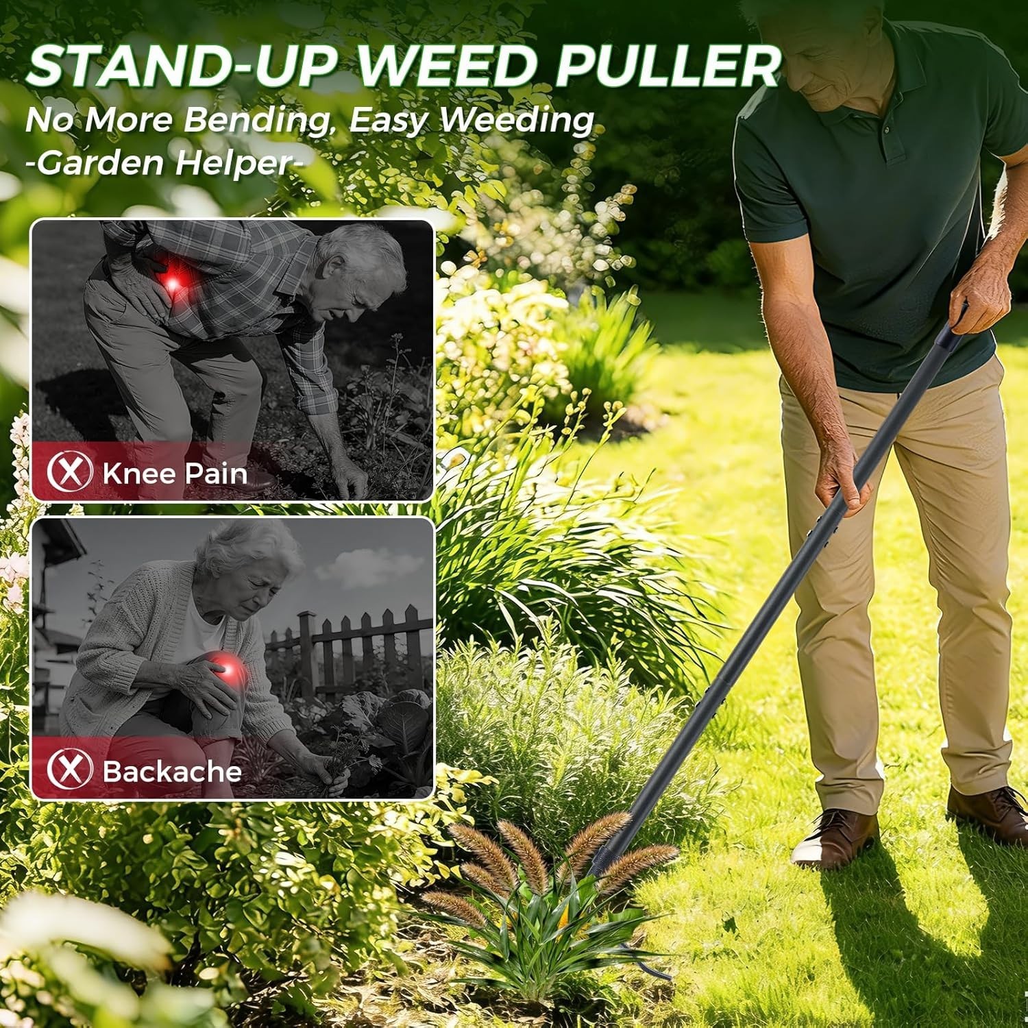 RexWeed Stand Up Weed Puller Tool, 46" Adjustable All-Metal Long Handle Black