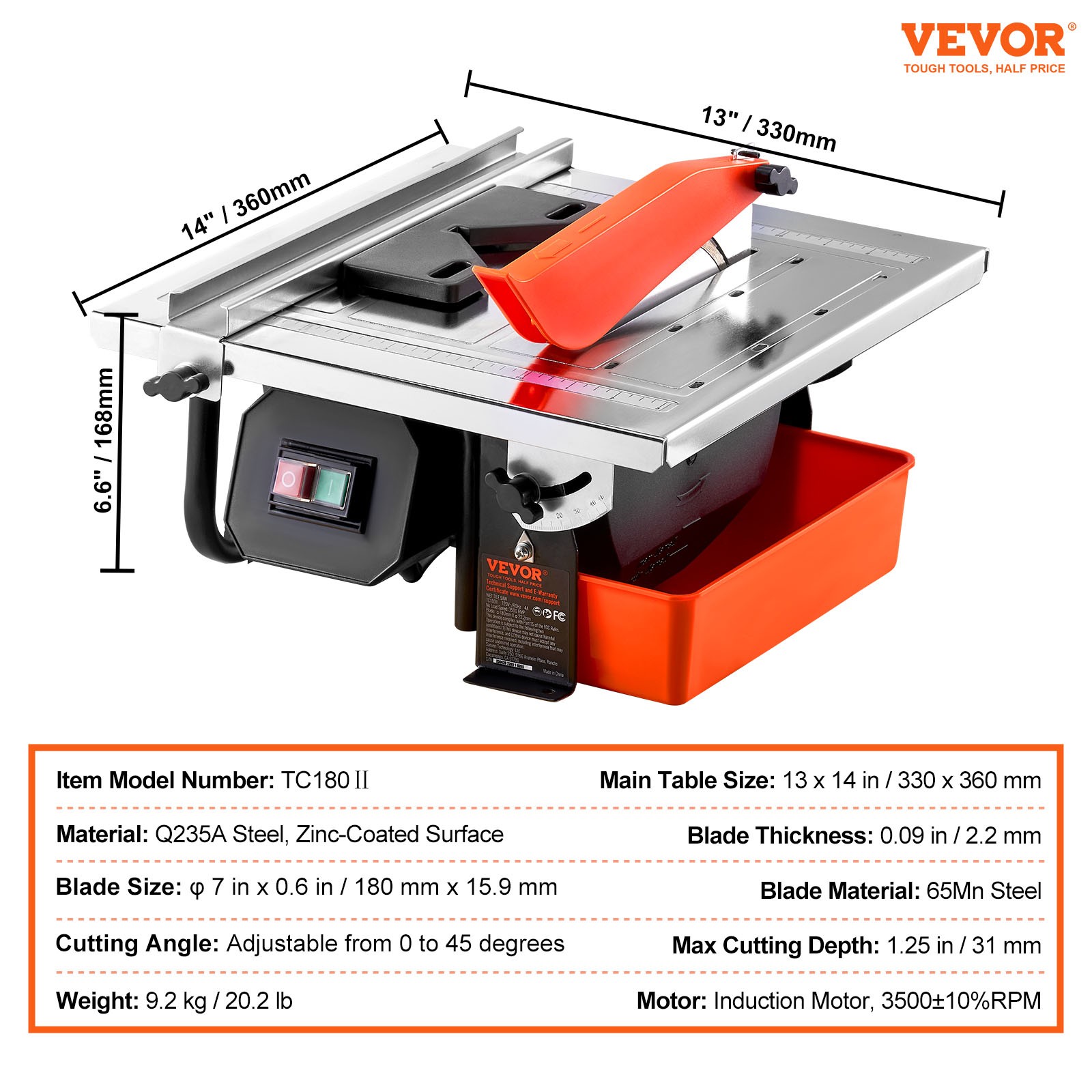 VEVOR Wet Tile Saw Tile Cutter 7-inch 65Mn Steel Blade 3500 RPM Induction Motor