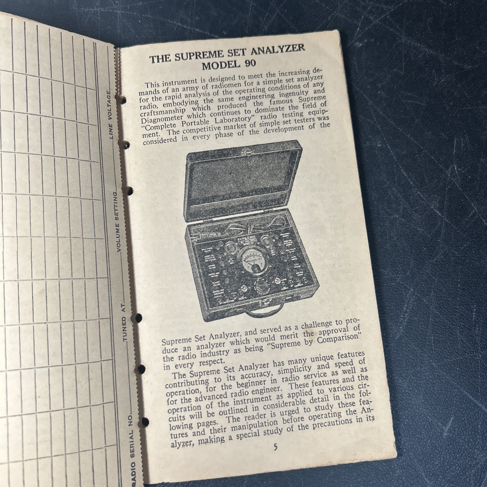 Supreme Set Analyzer Model 90 Operating Data