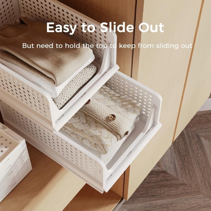 Stackable Plastic Storage Baskets, Foldable Closet Organizer Set of 4 White