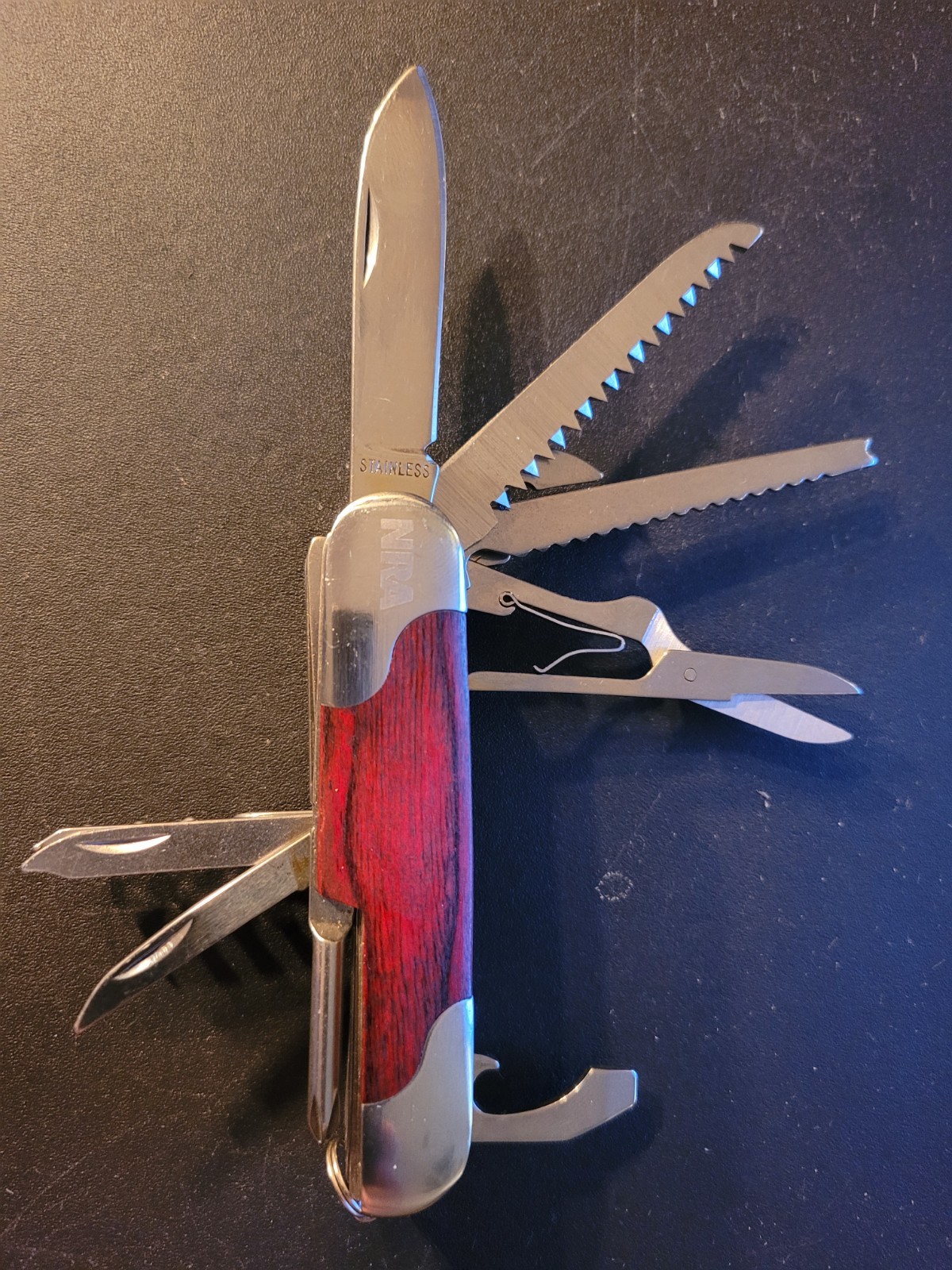 NEW NRA 11-in-1 Multi-Tool Pocket Knife w/ Wooden Inlay - Stainless Steel