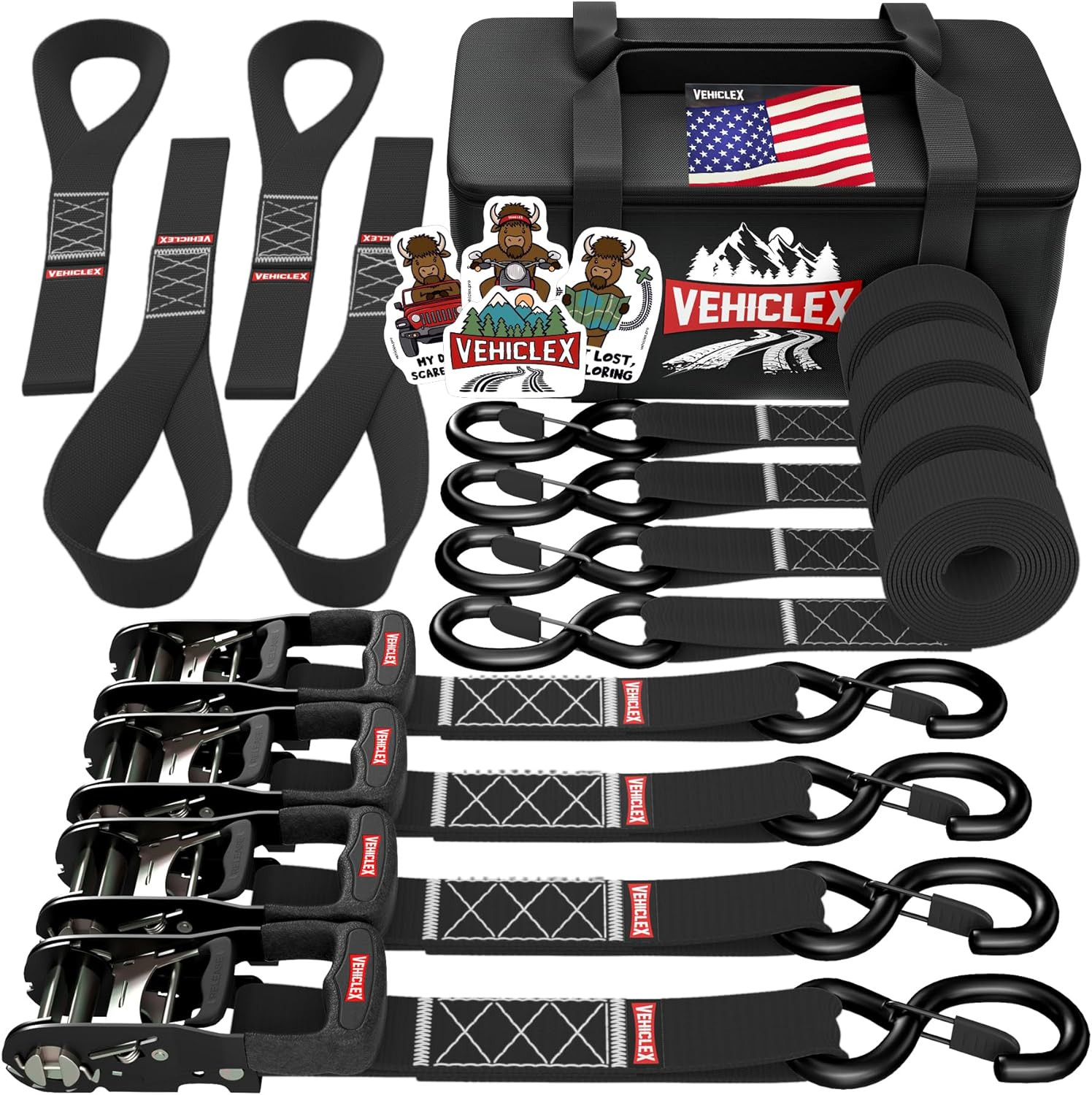 Motorcycle Ratchet Tie down Straps with Soft Loops - 4PK Heavy Duty 1.5" X 8Ft K