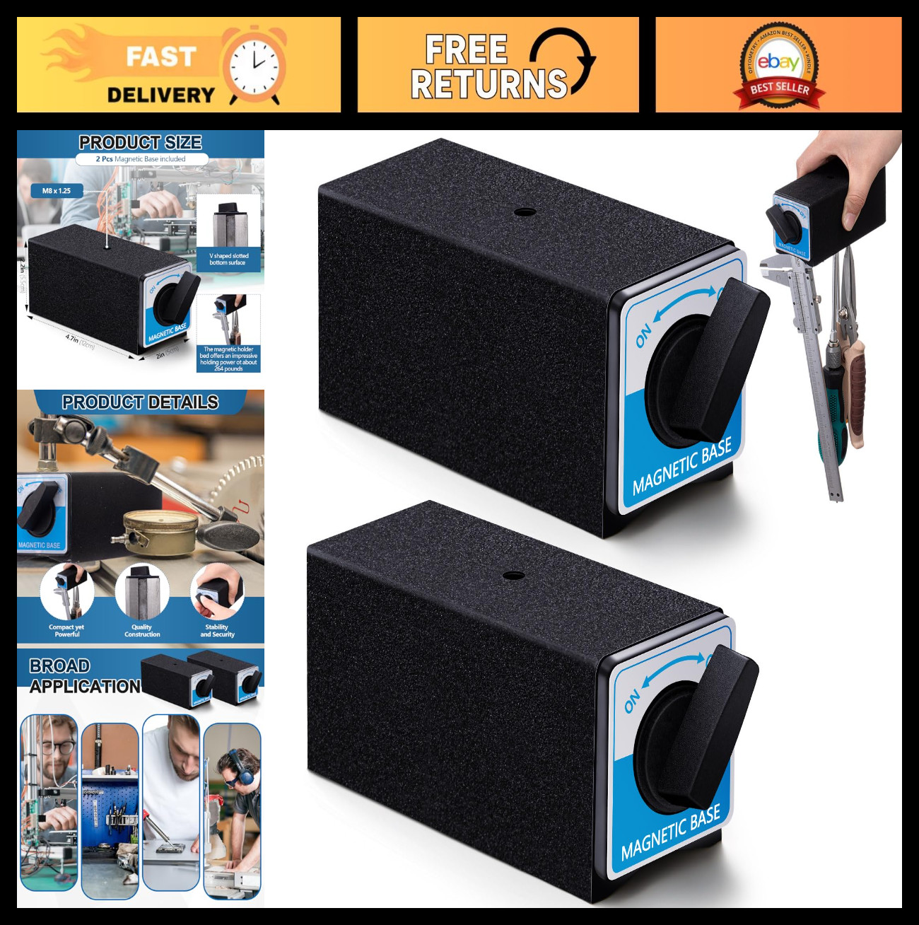 2 Pcs Magnetic Base Holder with 264 Lbs Holding Power - Switchable Bed Stand, M8