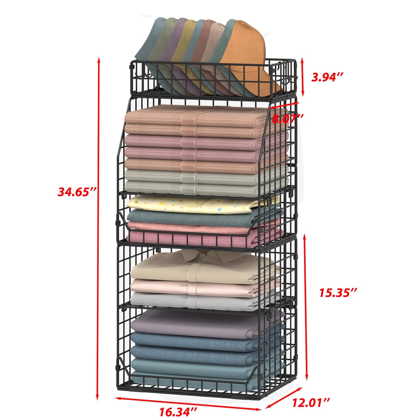 5-Tier Stackable Closet Organizers and Storage with Small Basket for Hats,Clo...